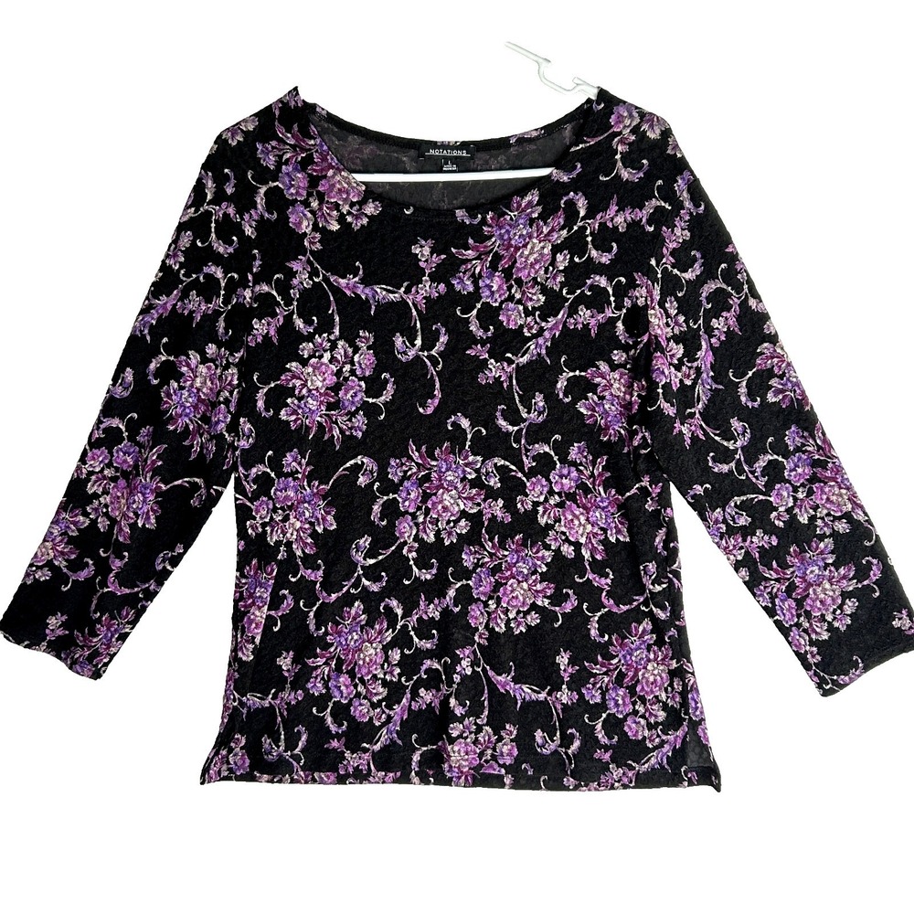VTG Notations Velvet Burnout Top Womens L Dark Floral Blouse Black Purple Y2k